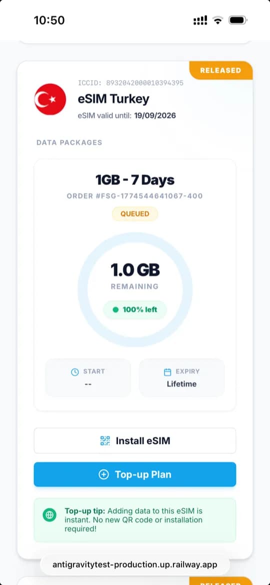 FlySimGo eSIM App Dashboard - Monitor Mobile Data Usage and Top Up Instantly While Traveling